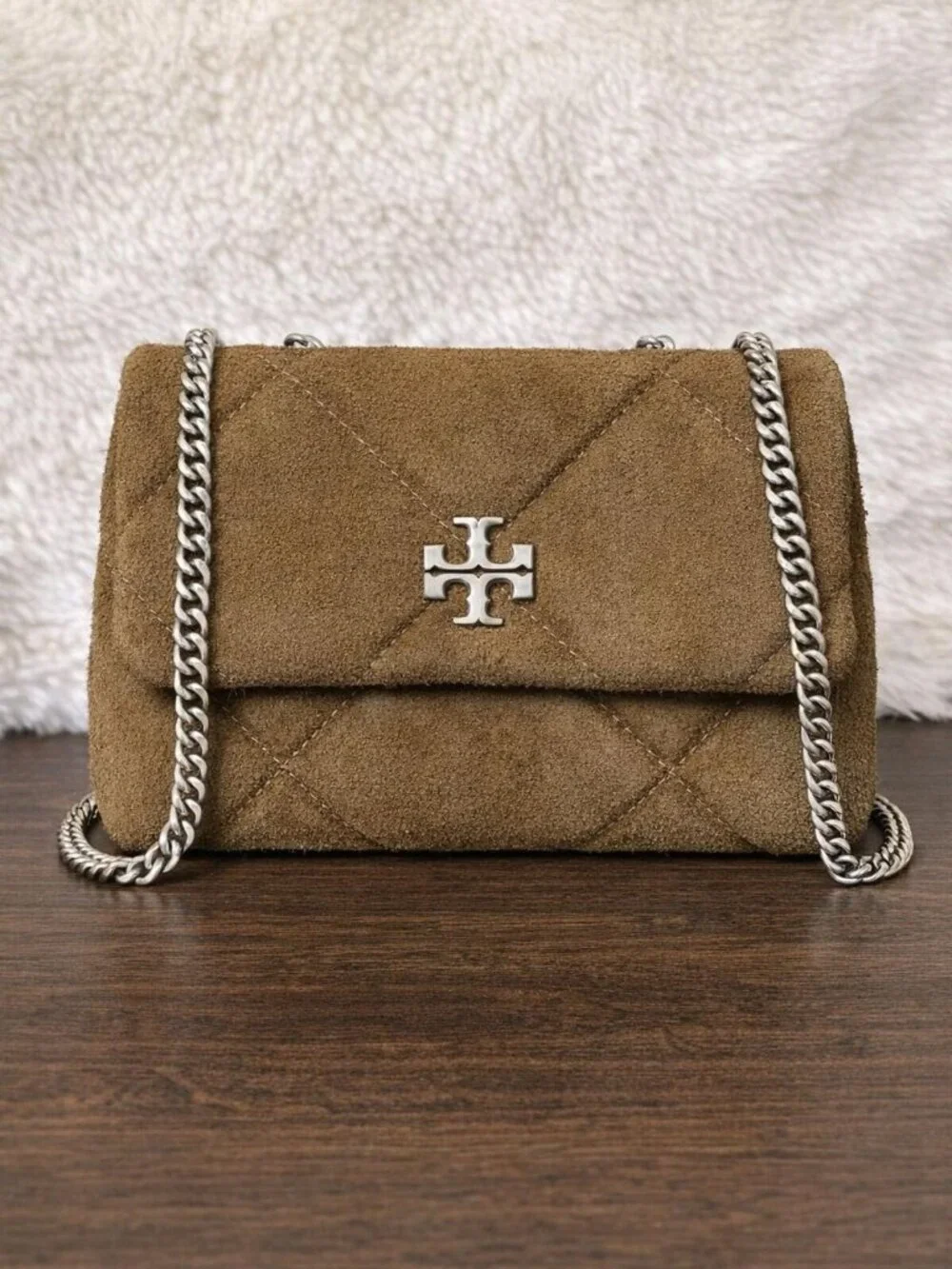 Tory Burch Kira Diamond Quilt Suede Shoulder Bag - Deep Olive
